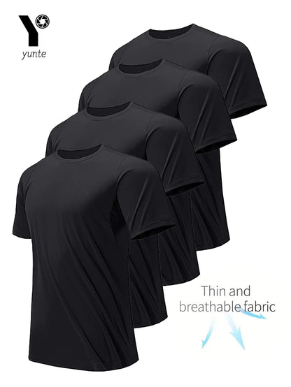 Round Neck T-Shirt 4-Pack Black Ultra-Light Men'S Quick Drying Breathable Sweat-Absorbent Shirt Suitable for Fitness Gym and Run